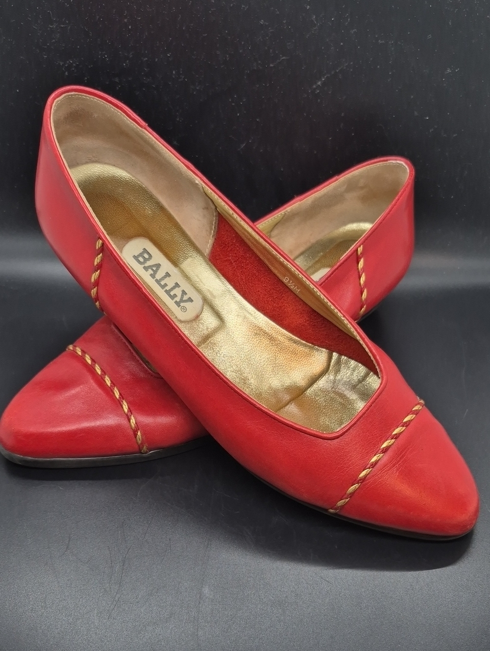 Bally Red & Gold Pointed Toe Leather/Rubber Flats with Braided Trim Sz 9.5 M
